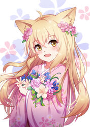  absurdres ahoge akage_kage animal_ears blonde_hair blush cherry_blossoms commentary_request female floral_print flower fox_ears hair_flower hair_ornament highres holding holding_flower japanese_clothes kimono konohana_kitan leaf long_hair long_sleeves oerba_yun_fang pink_kimono smile solo wide_sleeves yellow_eyes yuzu_(konohana_kitan) 