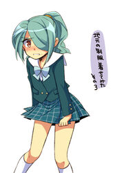  1boy aichi_shiho androgynous bad_id bad_pixiv_id blazer blue_hair blush crossdressing hair_over_one_eye inazuma_eleven inazuma_eleven_(series) jacket kazemaru_ichirouta male_focus otoko_no_ko ponytail school_uniform simple_background skirt solo translation_request white_background 