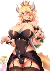  2girls armlet ass_visible_through_thighs bare_hips bare_shoulders black_collar black_leotard black_nails black_pantyhose black_skirt blonde_hair blue_gemstone blush bowsette bracelet breasts cleavage closed_mouth collar collarbone commentary constricted_pupils covered_navel cowboy_shot criss-cross_halter crown d: dress earrings embarrassed fingernails forked_eyebrows frown garter_straps gem groin hair_between_eyes halterneck high_ponytail highleg highleg_leotard hip_focus horns huge_breasts jewelry legs_together leotard lizard_tail long_fingernails long_hair looking_at_another looking_at_viewer looking_down looking_to_the_side mario_(series) medium_hair megatama multiple_girls nail_polish new_super_mario_bros._u_deluxe no_sclera nose_blush open_mouth pantyhose pink_dress pointy_ears princess princess_peach red_gemstone shiny_clothes showgirl_skirt sidelocks simple_background skirt sleeveless sleeveless_dress solo_focus spiked_armlet spiked_bracelet spiked_collar spiked_shell spiked_tail spikes standing strap_gap super_crown tail thick_eyebrows thick_thighs thigh_gap thighhighs thighs turtle_shell white_background wide_hips 