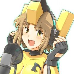  blush breasts brown_hair commentary_request cosmic_break female fingerless_gloves gloves halcon headgear headphones medium_breasts microphone open_mouth rei_(cosmic_break) short_hair simple_background smile solo white_background 