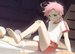  1boy ahoge ball bandaid bandaid_on_cheek bandaid_on_face barefoot basketball_(object) blue_eyes box closed_mouth commentary_request earrings feet foot_out_of_frame frown gauze gym_storeroom heart heart_ahoge indoors jewelry legs looking_at_viewer luye_yuan mahjong_soul male_focus paid_reward_available pink_hair qi_xi red_shorts shelf shirt short_bangs short_hair short_ponytail shorts single_sock_removed sitting socks soles solo t-shirt toes v-shaped_eyebrows vaulting_horse volleyball_(object) white_shirt white_socks 