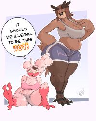  absurd_res anthro ass athletic_wear avian aza_(doodledox) beatrice_(doodledox) belly big_breasts big_butt bigoldoinks bird bodily_fluids bottomwear bra breasts brown_body cleavage clothed clothing curvy_anthro curvy_female curvy_figure dialogue duo eyebrows female female/female gym_bottomwear gym_shorts hi_res hotpants huge_butt midriff overweight owl pink_body shorts slightly_chubby speech_bubble sports_bra sportswear sweat sweatdrop sweaty_breasts sweaty_butt sweaty_legs sweaty_thighs thick_eyebrows thick_thighs underwear voluptuous voluptuous_anthro voluptuous_female wide_hips 