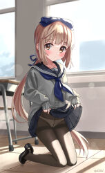  black_footwear black_sailor_collar blue_neckerchief blue_ribbon blue_skirt blunt_bangs blurry blurry_background blush bow breasts brown_eyes brown_hair cardigan chair classroom closed_mouth clothes_lift collarbone desk eluthel female grey_cardigan grey_pantyhose hair_ribbon hairbow highres idolmaster idolmaster_cinderella_girls idolmaster_cinderella_girls_starlight_stage indoors kneeling lens_flare lens_flare_abuse lifting_own_clothes loafers long_hair long_sleeves looking_at_viewer neckerchief panties pantyhose pleated_skirt ponytail ribbon sailor_collar school_chair school_desk school_uniform shoes skirt skirt_lift sleeves_past_wrists small_breasts solo tile_floor tiles twitter_username underwear very_long_hair white_panties window yorita_yoshino 