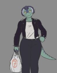  anthro blue_body clothed clothing dinosaur female goodbye_volcano_high grey_background greying_hair hair jacket lj_(gvh) looking_at_viewer mature_female prehistoric_species reptile scalie sheglech shopping_bag simple_background solo spiked_jacket topwear yellow_eyes 