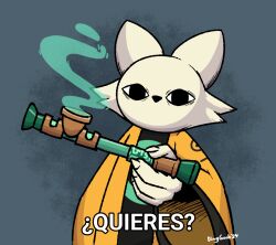  &iquest;quieres? anthro black_bodysuit black_clothing black_eyes black_skinsuit bodysuit cheek_tuft clothed clothing dialogue facial_tuft fur green_smoke grey_background holding_object holding_smoking_pipe junkbag looking_at_viewer male meme mouthless nails nine_sols open_clothing open_topwear orange_clothing orange_topwear red_candle_games sharp_nails simple_background skinsuit smoke smoking_pipe solo talking_to_viewer tan_body tan_fur text tight_clothing topwear tuft yi_(nine_sols) 