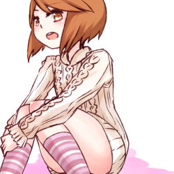  aran_sweater brown_eyes brown_hair cable_knit commentary dress feet_out_of_frame female hugging_own_legs i.u.y kinuhata_saiai light_blush long_sleeves looking_at_viewer medium_bangs open_mouth short_dress short_hair sidelocks sitting solo sweater sweater_dress teeth thighs toaru_majutsu_no_index upper_teeth_only white_background white_dress white_sweater 