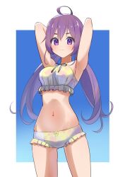  22/7 ahoge alternate_hairstyle arms_behind_head bikini blue_background border closed_mouth cowboy_shot female frilled_bikini frills furumoto highres long_hair looking_at_viewer low_twintails navel purple_eyes purple_hair solo swimsuit tojo_yuki twintails white_border 