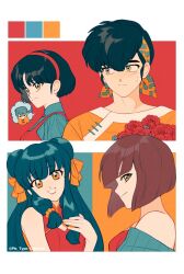  2boys 3girls :d alternate_eye_color alternate_hair_color aqua_background aqua_bandana aqua_shirt aqua_sweater artist_name bandana bare_shoulders black_eyes black_hair blunt_bangs blunt_ends blush bob_cut border bouquet braid braided_ponytail breasts brown_hair camisole china_dress chinese_clothes cleavage cleavage_cutout closed_mouth clothing_cutout color_guide commentary double_bun dress eyelashes film_grain flower from_side green_hair hair_between_eyes hair_bobbles hair_bun hair_ornament hair_over_shoulder hair_ribbon hairband hand_on_own_chest head_tilt hibiki_ryouga highres holding holding_bouquet inverted_bob jitome korean_commentary light_smile lipstick long_hair looking_ahead looking_at_another looking_at_viewer looking_to_the_side makeup mandarin_collar medium_breasts multiple_boys multiple_girls off_shoulder open_mouth orange_background orange_bandana orange_ribbon orange_shirt parted_lips pinafore_dress ranma_1/2 red_background red_camisole red_dress red_flower red_hairband red_lips red_rose ribbon rose saotome_ranma shampoo_(ranma_1/2) shirt short_hair siblings sidelocks simple_background single_braid sisters sleeveless sleeveless_dress smile spoken_character sweatdrop sweater tangzhuang tendou_akane tendou_nabiki thought_bubble twitter_username two-tone_bandana white_background white_border yellow_eyes yonban_(pls_type_urname) 