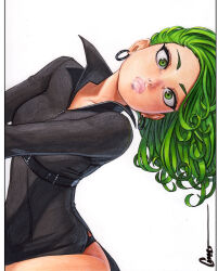  black_dress black_panties breasts curly_hair dress female green_eyes green_hair highres hoop omar_dogan one-punch_man panties pink_lips short_hair simple_background small_breasts solo tatsumaki traditional_media underwear white_background 