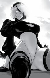  2b_(nier:automata) absurdres arm_support artist_name boots breasts cleavage cleavage_cutout clothing_cutout commentary feather_trim gloves greyscale hair_over_one_eye hairband highleg highleg_leotard highres leotard lips long_sleeves medium_breasts mole mole_under_mouth monochrome mostlybluewyatt nier:automata nier_(series) parted_lips puffy_sleeves short_hair signature sitting thigh_boots thighhighs thighs turtleneck 