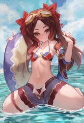  beach bikini bikini_top_only blue_eyes blue_shorts blush breasts brown_hair collarbone fate/grand_order fate_(series) female forehead goggles hair_ribbon jewelry leonardo_da_vinci_(fate) leonardo_da_vinci_(rider)_(fate) leonardo_da_vinci_(swimsuit_ruler)_(fate) long_hair looking_at_viewer m0_chi navel necklace parted_bangs red_bikini red_ribbon ribbon shore short_shorts shorts shrug_(clothing) sidelocks small_breasts smile solo swimsuit thighs twintails 