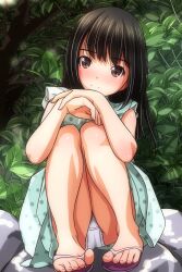  absurdres barefoot black_hair blush brown_eyes crotch_seam dated_commentary dot_nose dress female full_body green_eyes head_tilt highres leaf long_hair looking_at_viewer m_legs matsunaga_kouyou nose_blush original outdoors own_hands_together panties pantyshot polka_dot polka_dot_dress rock sandals sitting sitting_on_rock smile soles solo toes underwear vegetation white_panties 