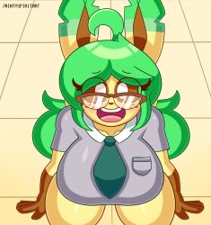  2024 anthro big_breasts blush breasts brown_eyewear brown_glasses brown_sclera clothing digital_media_(artwork) eeveelution eyewear female first_person_view freckled_face freckles fur generation_4_pokemon glasses green_hair hair hi_res leafeon mintyspirit necktie nerd nintendo open_mouth pokemon pokemon_(species) school_uniform solo sunnyleafeon_(mintyspirit) thick_thighs twintails uniform white_eyes yellow_body yellow_fur 