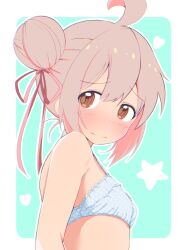  ahoge aqua_background bare_arms bare_shoulders blush border bra breasts brown_eyes commentary double_bun female from_side hair_between_eyes hair_bun hair_ribbon heart highres looking_at_viewer onii-chan_wa_oshimai! outline outside_border oyama_mahiro pink_hair red_ribbon ribbon simple_background small_breasts smile solo star_(symbol) underwear unkimo upper_body white_border white_bra white_outline 