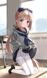  black_footwear black_sailor_collar blue_neckerchief blue_ribbon blue_skirt blunt_bangs blurry blurry_background blush bow breasts brown_eyes brown_hair cardigan chair classroom closed_mouth clothes_lift collarbone desk eluthel female grey_cardigan hair_ribbon hairbow highres idolmaster idolmaster_cinderella_girls idolmaster_cinderella_girls_starlight_stage indoors kneeling lens_flare lens_flare_abuse lifting_own_clothes loafers long_hair long_sleeves looking_at_viewer neckerchief panties pantyhose pleated_skirt ponytail ribbon sailor_collar school_chair school_desk school_uniform shoes skirt skirt_lift sleeves_past_wrists small_breasts smile solo tile_floor tiles twitter_username underwear very_long_hair white_panties white_pantyhose window yorita_yoshino 