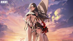  2girls absurdres artist_request bikini black_bikini black_hair breasts brown_hair cleavage commentary cropped day dolphin english_commentary evening eyewear_on_head flower goddess_of_victory:_nikke hair_flower hair_ornament highres knee_up large_breasts long_hair looking_at_viewer multicolored_hair multiple_girls navel ocean official_art outdoors pink_flower red_bikini red_eyes red_flower rosanna_(chic_ocean)_(nikke) rosanna_(nikke) sakura_(bloom_in_summer)_(nikke) sakura_(nikke) second-party_source shoulder_tattoo sitting sky smile split-color_hair standing sun sunglasses sunset surfboard swimsuit tattoo wet white_hair 