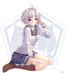  ahoge blue_sailor_collar blue_skirt blush brown_socks collared_shirt commentary_request female grey_hair hair_between_eyes highres itomi_sayaka jacket kneehighs looking_at_viewer necktie no_shoes parted_lips photoshop_(medium) pleated_skirt purple_eyes sailor_collar shirt signature sitting skirt socks solo toji_no_miko wariza white_jacket white_shirt yellow_necktie yumibakama_meme 