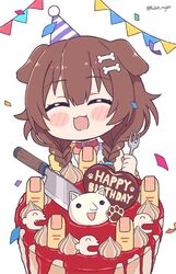  :3 animal_collar animal_ears artist_name blush bone_hair_ornament braid brown_hair cake closed_eyes collar commentary confetti dog_ears dog_girl english_commentary facing_viewer female food fork hair_between_eyes hair_ornament happy_birthday hat highres holding holding_fork hololive inugami_korone inugami_korone_(1st_costume) knife kukie-nyan listener_(inugami_korone) long_hair nyanpyou oerba_yun_fang open_mouth party_hat pyuu_to_fuku!_jaguar:_ashita_no_jump simple_background solo twin_braids virtual_youtuber white_background yubi_yubi_(inugami_korone) 