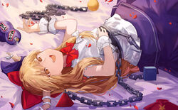  alcohol ball_and_chain_restraint belt black_footwear blue_bow blue_skirt bow brown_eyes chains cube cuffs cup drunk female footwear_bow gourd hairbow highres horn_bow horn_ornament horn_ribbon horns ibuki_suika jichou_senshi long_hair loose_socks low-tied_long_hair neckerchief oni orange_eyes orange_hair pyramid_(geometry) red_bow red_neckerchief ribbon sakazuki sake shirt shoes sidelocks skirt sleeveless sleeveless_shirt socks solo torn_clothes torn_sleeves touhou very_long_hair white_shirt white_socks wrist_cuffs 