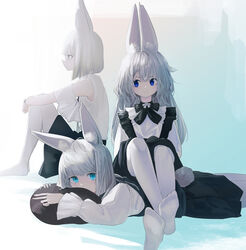  3girls animal_ear_fluff animal_ears bare_shoulders black_bow black_skirt black_vest blue_eyes bow closed_mouth commentary covered_mouth feet grey_hair highres knees_up long_hair long_sleeves looking_at_viewer lying multiple_girls no_shoes on_stomach original pantyhose profile puffy_long_sleeves puffy_sleeves rabbit_ears rabbit_girl rabbit_tail revision shirt short_hair sitting skirt smile soles tail timitarcat very_long_hair vest white_hair white_shirt 