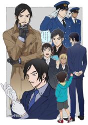  6+boys :d aged_down amuro_tooru arms_behind_back black_footwear black_gloves black_hair black_jacket black_necktie black_shirt black_shorts blue_eyes blue_headwear blue_hoodie blue_jacket blue_necktie blue_pants blue_suit blush border brothers brown_coat buttons clenched_hand closed_mouth clothes_grab coat collared_shirt commentary_request dark-skinned_male dark_skin edogawa_conan facial_hair formal full_body gakuran gloves grey_background grey_shirt hair_between_eyes hand_in_pocket hand_on_own_chin hand_up hat highres holding holding_notebook hood hood_down hoodie indesign jacket lolicon long_sleeves looking_at_another looking_down looking_up male_focus meitantei_conan morofushi_takaaki moustache multiple_boys multiple_persona multiple_views necktie notebook open_mouth outside_border own_hands_clasped own_hands_together pants police police_hat police_uniform policeman putting_on_gloves reading red_footwear salute school_uniform scotch_(meitantei_conan) serious shirt shoes short_hair shorts siblings signature sleeve_grab smile sneakers sparkle speech_bubble standing suit teeth thinking translation_request uniform upper_teeth_only white_border white_gloves white_shirt yamato_kansuke 