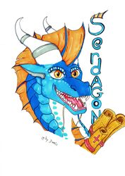  2022 absurd_res artist_name blue_body colored doozz dragon european_mythology headshot_portrait hi_res horn horn_jewelry horn_ring jewelry male membrane_(anatomy) mythological_creature mythological_scalie mythology name_tag open_mouth orange_eyes pink_tongue portrait reptile ring_(jewelry) scales scalie scroll seawing_(wof) serdagonn_(character) signature solo three-quarter_portrait tongue traditional_media_(artwork) watermark western_dragon wings_of_fire 