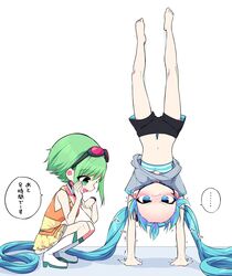  ... 2girls barefoot black_shorts blush boots bra forehead frilled_skirt frills frown goggles goggles_on_head green_eyes green_hair grey_shirt gumi hair_ornament handstand hatsune_miku highres kasaki_sakura knee_boots layered_skirt long_hair looking_at_viewer looking_at_watch multiple_girls navel open_mouth orange_shirt pout red_goggles shirt short_hair short_sleeves shorts skirt smile speech_bubble spoken_ellipsis squatting striped_bra striped_clothes translated trembling twintails underwear upside-down very_long_hair vocaloid watch white_background white_footwear wristwatch 