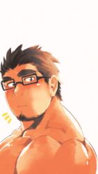  1boy bara black-framed_eyewear blush brown_hair facial_hair from_side glasses goatee higemorigen highres large_pectorals looking_at_viewer male_focus mature_male muscular muscular_male nude original pectorals short_hair sideburns simple_background solo thick_eyebrows upper_body 