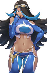  belly_chain black_hair blue_eyes blue_hair blue_pants blue_shirt breasts crop_top cropped_shirt dark-skinned_female dark_skin female goggles goggles_on_head hair_over_one_eye heart hip_vent jewelry large_breasts long_hair long_sleeves looking_at_viewer midriff multicolored_hair navel pants parted_bangs parted_lips poke_ball poke_ball_(basic) pokemon pokemon_oras shelly_(pokemon) shirt shouji_nigou solo streaked_hair team_aqua team_aqua_uniform thighs 