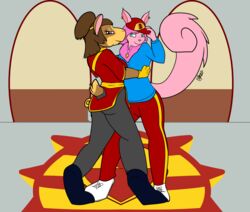  2023 absurd_res adjusting_hat anthro baseball_cap blue_eyes brown_body brown_fur brown_hair clothed clothing dated duo ear_piercing ear_ring female female/female flat_colors fur ginia_(neopets) gloves gnorbu_(neopets) hair handwear hat headgear headwear hi_res hug jumpstart_games lendri_mujina mirsha_grelinek neopet_(species) neopets piercing pink_body pink_fur pink_hair ponytail purple_eyes ring_piercing signature sweater topwear track_pants usul_(neopets) whistle_(object) 