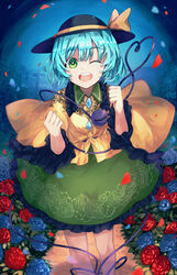  aqua_hair blouse blue_flower blue_rose bow bright_pupils clenched_hands collared_shirt commentary eyeball feet_out_of_frame female floral_print flower frilled_shirt_collar frilled_skirt frilled_sleeves frills green_eyes green_skirt hands_up hat hat_bow hat_ribbon heart heart_of_string highres jichou_senshi komeiji_koishi lace long_sleeves looking_at_viewer one_eye_closed open_mouth path petals print_skirt red_flower red_rose ribbon rose rose_print shirt skirt smile solo standing string teeth third_eye touhou upper_teeth_only wavy_hair white_pupils wide_sleeves yellow_ribbon yellow_shirt 