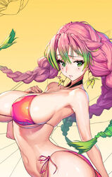  arched_back arm_rest bare_shoulders bikini braid breasts covered_nipples curvy earrings female green_eyes green_hair hand_on_own_chest highres jewelry kanroji_mitsuri kimetsu_no_yaiba large_breasts looking_at_viewer mole mole_under_eye navel nervous parted_lips pink_hair punc_p red_bikini side-tie_bikini_bottom sideboob solo swimsuit twintails underboob unfinished 