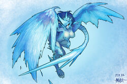  2022 absurdres animal_feet artist_name blue_background blue_hair blue_scales blue_skin blue_theme blue_wings claws closed_mouth colored_sclera colored_skin commentary_request completely_nude dated digitigrade dragon_girl dragon_tail dragon_wings female fingernails flying full_body hands_up highres korean_commentary leg_up long_hair monster_girl monster_hunter:_world monster_hunter_(series) monster_hunter_world:_iceborne muhut nude orange_sclera personification scales sharp_fingernails simple_background slit_pupils solo tail velkhana wings yellow_eyes 