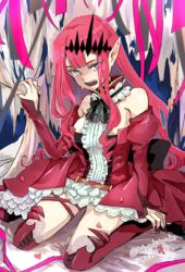  baobhan_sith_(fate) baobhan_sith_(first_ascension)_(fate) bare_shoulders boots breasts center_frills detached_collar detached_sleeves dress fate/grand_order fate_(series) female frills grey_eyes large_breasts long_hair looking_at_viewer open_mouth pink_hair pointy_ears red_dress red_footwear sidelocks sitting solo tekuteku_aruko thigh_boots thighs tiara wariza 