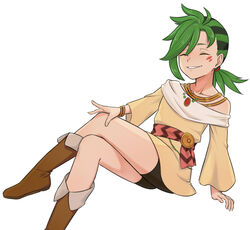  1boy bike_shorts black_hair boots bracelet closed_eyes crossed_legs facial_mark green_hair grin jewelry magicfishtaco male_focus mauro_abelard multicolored_hair off_shoulder shadowverse shadowverse_(anime) simple_background sitting smile solo spiked_hair tunic two-tone_hair white_background yellow_tunic 