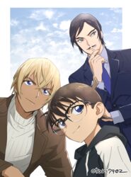  3boys amuro_tooru black-framed_eyewear black_hair black_jacket black_suit blonde_hair blue_eyes blue_sky border brown_hair brown_jacket closed_mouth cloud collared_shirt commentary_request dark-skinned_male dark_skin day drawstring edogawa_conan facial_hair formal glasses grey_shirt grey_sweater hair_between_eyes hand_on_own_chin hand_up hood hood_down hoodie indesign jacket lolicon long_sleeves looking_at_viewer looking_to_the_side male_focus meitantei_conan morofushi_takaaki moustache multiple_boys necktie open_clothes open_jacket outside_border purple_necktie shirt short_hair signature sky smile suit sweater thinking turtleneck turtleneck_sweater white_border 