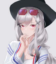  absurdres azur_lane black_headwear breasts butterfly_hair_ornament cleavage dress dunkerque_(afternoon_venus)_(azur_lane) dunkerque_(azur_lane) eyewear_on_head female french_flag frozen-sad grey_background grey_hair hair_ornament highres jacket looking_at_viewer official_alternate_costume red_eyes simple_background solo sunglasses tinted_eyewear upper_body white_dress white_jacket 