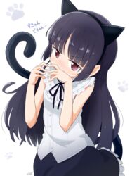  animal_ears black_hair black_skirt blouse blush cat_ears cat_tail collar female frilled_collar frilled_shirt frilled_skirt frills gokou_ruri heart heart_hands highres hime_cut long_hair mole mole_under_eye motokazu_(dontokodon) ore_no_imouto_ga_konna_ni_kawaii_wake_ga_nai paw_print paw_print_background red_eyes ribbon shirt skirt sleeveless sleeveless_shirt solo tail white_background 