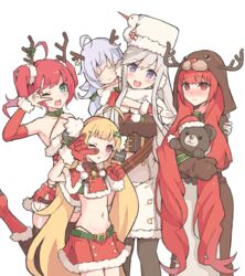  5girls :d ;d ;o \m/ ahoge antlers arm_warmers azur_lane bad_id bad_pixiv_id bare_shoulders blonde_hair blue_eyes blush breasts carrying christmas closed_eyes cowboy_shot eldridge_(azur_lane) eldridge_(holy_night&#039;s_embrace)_(azur_lane) enterprise_(azur_lane) enterprise_(reindeer_master)_(azur_lane) fur_trim gloves grey_hair hamuhamu_hamuo hat honolulu_(azur_lane) honolulu_(manjuu_mischief)_(azur_lane) horns long_hair looking_at_viewer midriff multiple_girls navel nicholas_(azur_lane) nicholas_(surprise!?)_(azur_lane) oerba_yun_fang official_alternate_costume one_eye_closed open_mouth piggyback purple_eyes purple_hair red_eyes red_gloves red_hair reindeer_antlers san_diego_(azur_lane) san_diego_(sandy_claus)_(azur_lane) santa_costume santa_hat simple_background sleeping smile stuffed_animal stuffed_toy teddy_bear twintails very_long_hair 