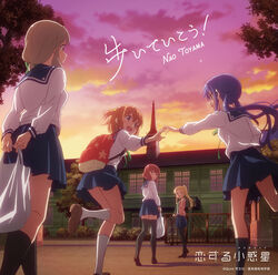  5girls album_cover backpack bag blonde_hair blue_hair commentary_request cover grey_hair hair_ornament highres inose_mai koisuru_asteroid konohata_mira looking_at_another looking_back manaka_ao morino_mari multiple_girls official_art open_mouth orange_hair plastic_bag red_bag sakurai_mikage school_uniform smile star_(symbol) star_hair_ornament sunset twintails yamazaki_jun 