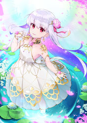  absurdres alternate_costume armlet bare_shoulders blue_hair blush bracelet breasts circlet collar collarbone colored_inner_hair dress earrings falling_petals fate/grand_order fate/grand_order_arcade fate_(series) female flower gold_trim gradient_hair hair_flower hair_ornament hair_ribbon highres jewelry kama_(fate) kama_(mistake)_(fate) lily_pad long_hair looking_at_viewer lotus metal_collar multicolored_hair petals pink_flower pink_petals red_eyes ribbon ripples small_breasts smile solo sparkle two-tone_hair wading water water_lily_flower white_dress white_flower white_hair white_petals wrist_flower yuniyuni 