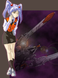  ballpoint_pen_(medium) crossed_legs female grey_hair hal-py highres hoshino_ruri kidou_senkan_nadesico leaning_forward lens_flare looking_ahead medium_hair nadesico_(kidou_senkan_nadesico) spacecraft traditional_media twintails uniform 