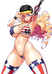  :d absurdres american_flag american_flag_bikini american_flag_legwear american_flag_print armpits ass_visible_through_thighs baseball_bat baseball_helmet bikini blonde_hair blue_eyes breasts commentary_request cowboy_shot eye_black facial_mark female flag_print flipped_hair foreshortening gloves hair_between_eyes helmet highleg highleg_bikini highres holding holding_baseball_bat huge_breasts legs_apart long_hair looking_at_viewer messy_hair navel open_mouth outstretched_arm print_bikini rakko_(r2) sandy_bash simple_background single_glove skindentation smile solo standing suketto_sanjou! swimsuit tareme thighhighs thong thong_bikini white_background wristband 