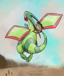  ambiguous_gender dragon feral fisk24 flygon flying generation_3_pokemon green_body lenses looking_at_viewer mythological_creature mythological_scalie mythology nintendo pokemon pokemon_(species) rear_view scalie solo tail wings 