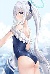  :o asle ass blue_archive blue_bow blue_halo blue_one-piece_swimsuit blue_sky blurry blurry_background bow breasts casual_one-piece_swimsuit cloud commentary day female frilled_one-piece_swimsuit frills hairbow halo highres innertube light_blush long_hair looking_at_viewer miyako_(blue_archive) miyako_(swimsuit)_(blue_archive) off-shoulder_one-piece_swimsuit off_shoulder official_alternate_costume one-piece_swimsuit outdoors parted_lips ponytail purple_eyes sidelocks sky small_breasts solo swim_ring swimsuit symbol-only_commentary turning_head very_long_hair water_drop wet white_hair 