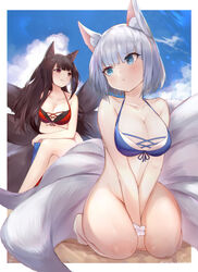  2girls :q :t akagi_(azur_lane) akagi_(paradise_amaryllis)_(azur_lane) animal_ears azur_lane bare_shoulders between_legs bikini blue_bikini blue_eyes blue_sky blush bottomless breasts brown_hair cleavage closed_mouth cloud cloudy_sky commentary_request covering_crotch covering_privates crossed_legs day embarrassed female_pervert fox_ears fox_girl fox_tail groin hand_between_legs holding holding_clothes holding_swimsuit kaga_(azur_lane) kaga_(everlasting_killing_stone)_(azur_lane) kitsune large_breasts long_hair looking_at_another looking_at_viewer looking_back medium_hair mujinbensin multiple_girls multiple_tails navel official_alternate_costume outdoors pervert pout red_bikini red_eyes revision seiza sitting sky smile swimsuit tail thighs tongue tongue_out unworn_bikini_bottom very_long_hair white_hair 