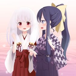  2girls arima_mizuki arima_yuzu bell blush bow commentary_request hair_ornament hairbow hakama hakama_skirt highres holding_hands japanese_clothes jingle_bell kimono kuronekogata long_hair miko multiple_girls oerba_yun_fang open_mouth ponytail purple_eyes purple_hair purple_hakama purple_kimono red_eyes red_hakama ribbon skirt smile tsuki_kagerou white_hair white_kimono 