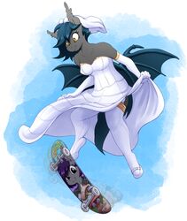  2019 action_pose amber_eyes anthro armwear bat_pony bat_wings clothing dress elbow_gloves equid fan_character fangs female gloves handwear hasbro heart_symbol hi_res legwear mammal membrane_(anatomy) membranous_wings midair my_little_pony nolegs_(oc) pose pupils replica_(artist) skateboard slit_pupils solo speck_(nukepone) stockings teeth vehicle veil wedding_dress wings 