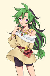  bike_shorts black_hair boots bracelet facial_mark female genderswap_(mtf) green_hair hair_between_eyes highres jewelry long_hair looking_at_viewer low-tied_long_hair mauro_abelard multicolored_hair off_shoulder purple_eyes riku_son rule_63 shadowverse shadowverse_(anime) smile solo spiked_hair tunic two-tone_hair yellow_tunic 