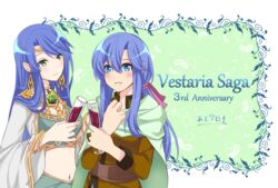  ! 2girls anniversary b_b_suke blue_eyes blue_hair cape circlet commentary_request copyright_name cup drinking_glass earrings green_eyes innera_(tear_ring_saga) jewelry leaf long_hair low_ponytail midriff multiple_girls navel necklace nera_(vestaria_saga) sparkle vestaria_saga white_background wine_glass 